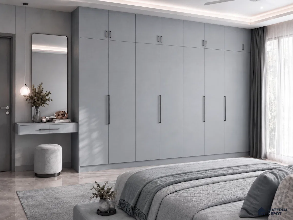 Bedroom Wardrobe with Grey-Blue Matte Laminate Shutters