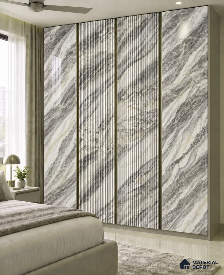 Bedroom Wardrobe with Grey Marble-Look High-Gloss and Fluted Laminate