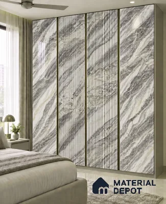 Bedroom Wardrobe with Grey Marble-Look High-Gloss and Fluted Laminate