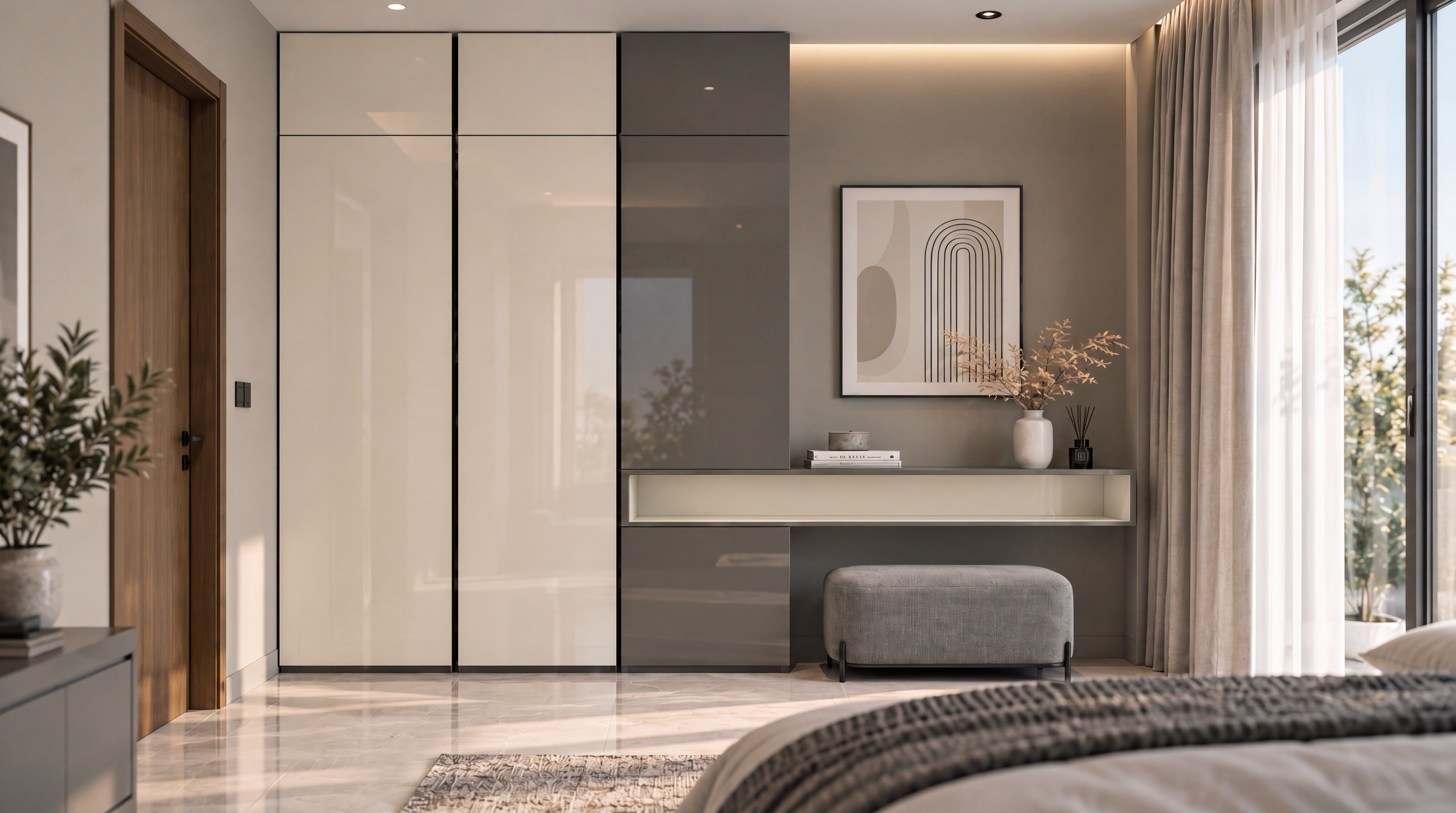 Bedroom Wardrobe with Light Beige and Earth Graphite High-Gloss Laminate