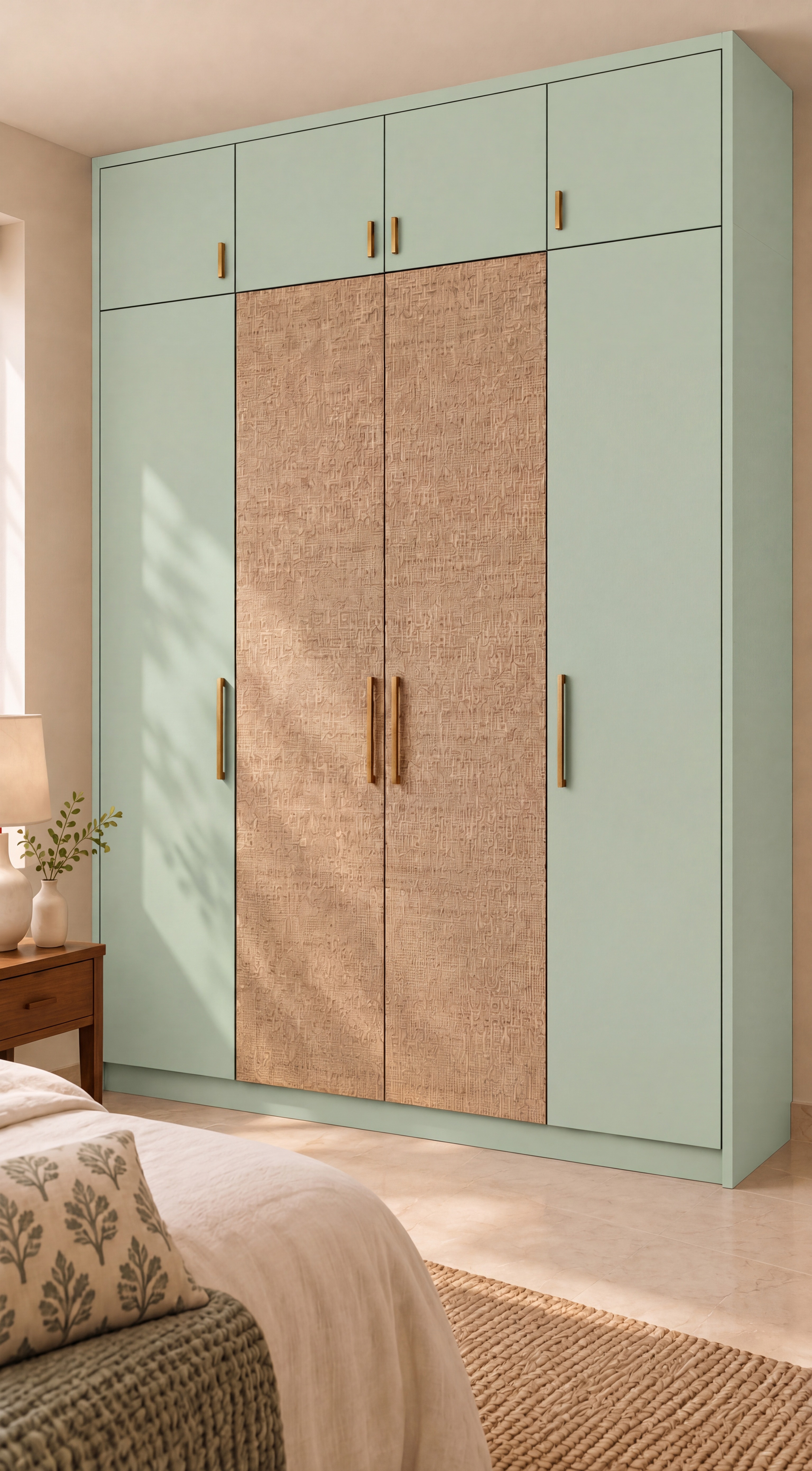 Bedroom Wardrobe with Light Green Matte and Brown Canvas Textured Laminate