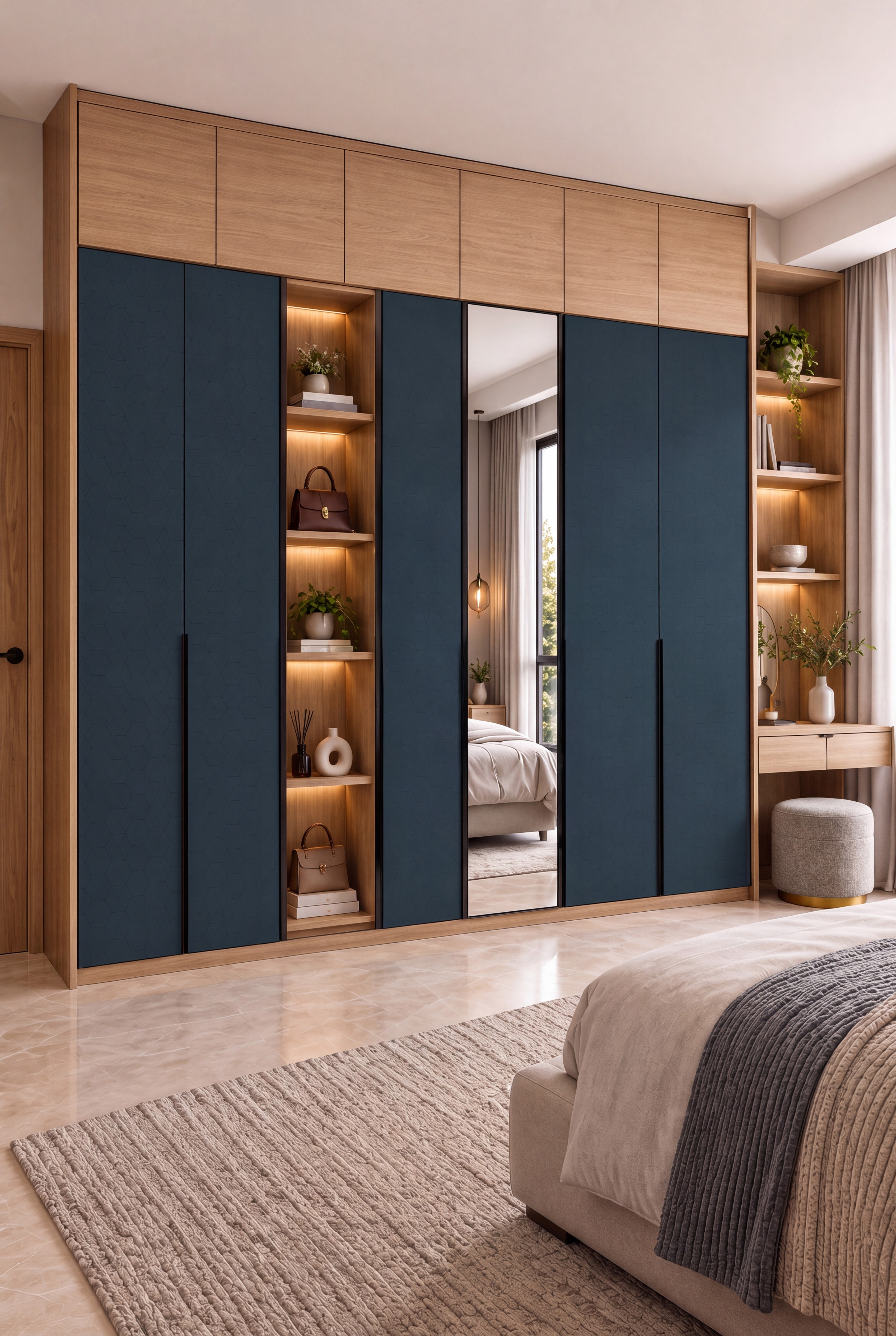 Bedroom Wardrobe with Midnight Navy Textured Laminate and Oak Wood Loft