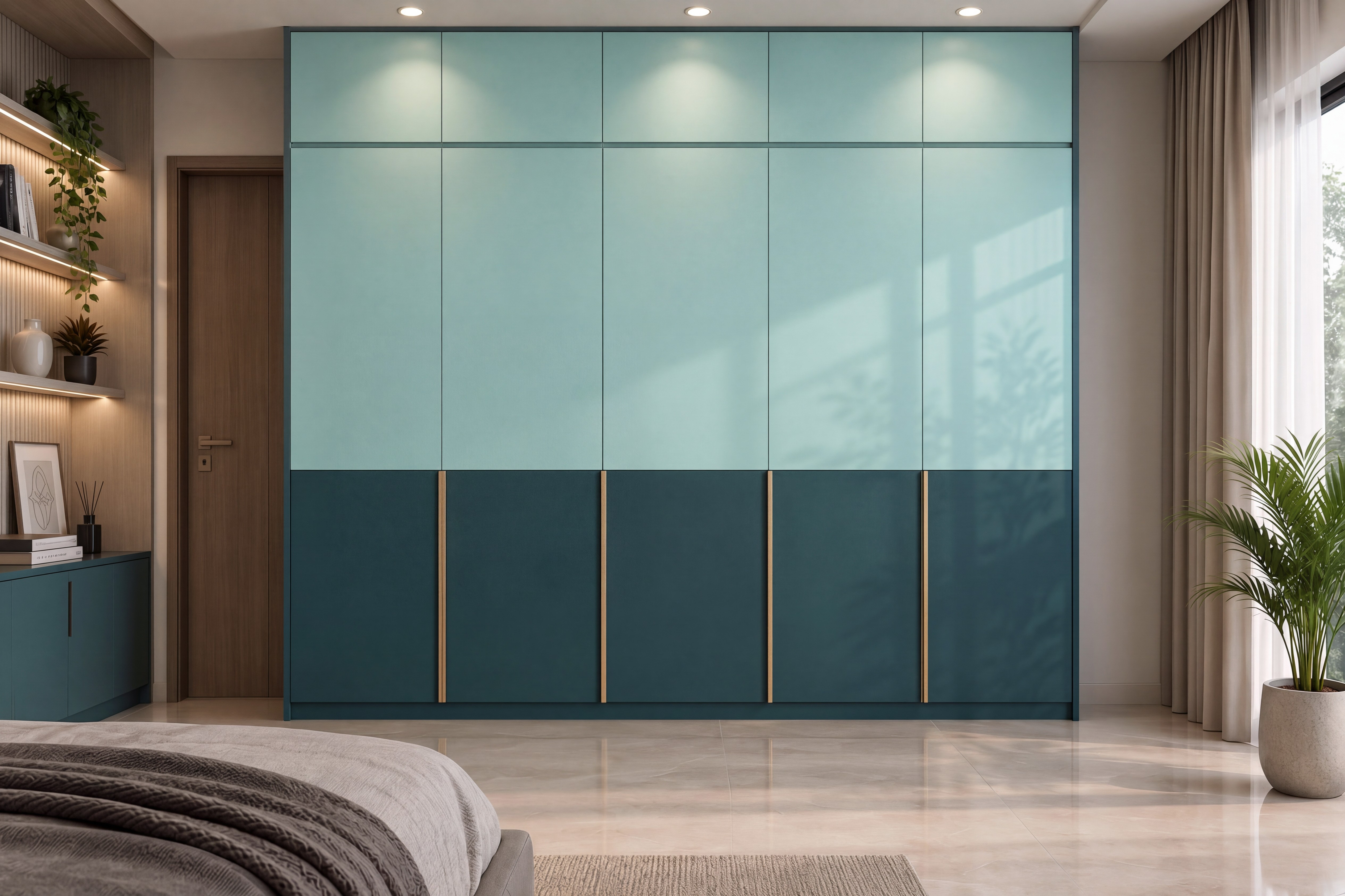 Bedroom Wardrobe with Mint Blue and Peacock Blue Dry Matt Laminate