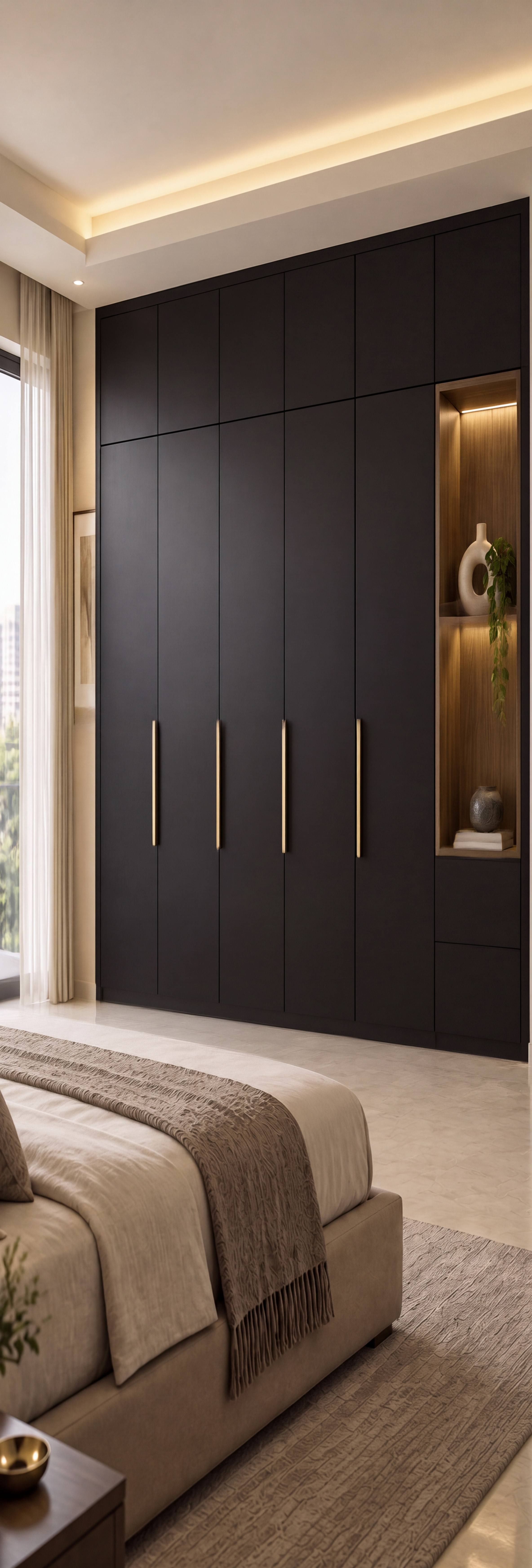 Bedroom Wardrobe with Natural Black Matte Laminate and Wood Niche