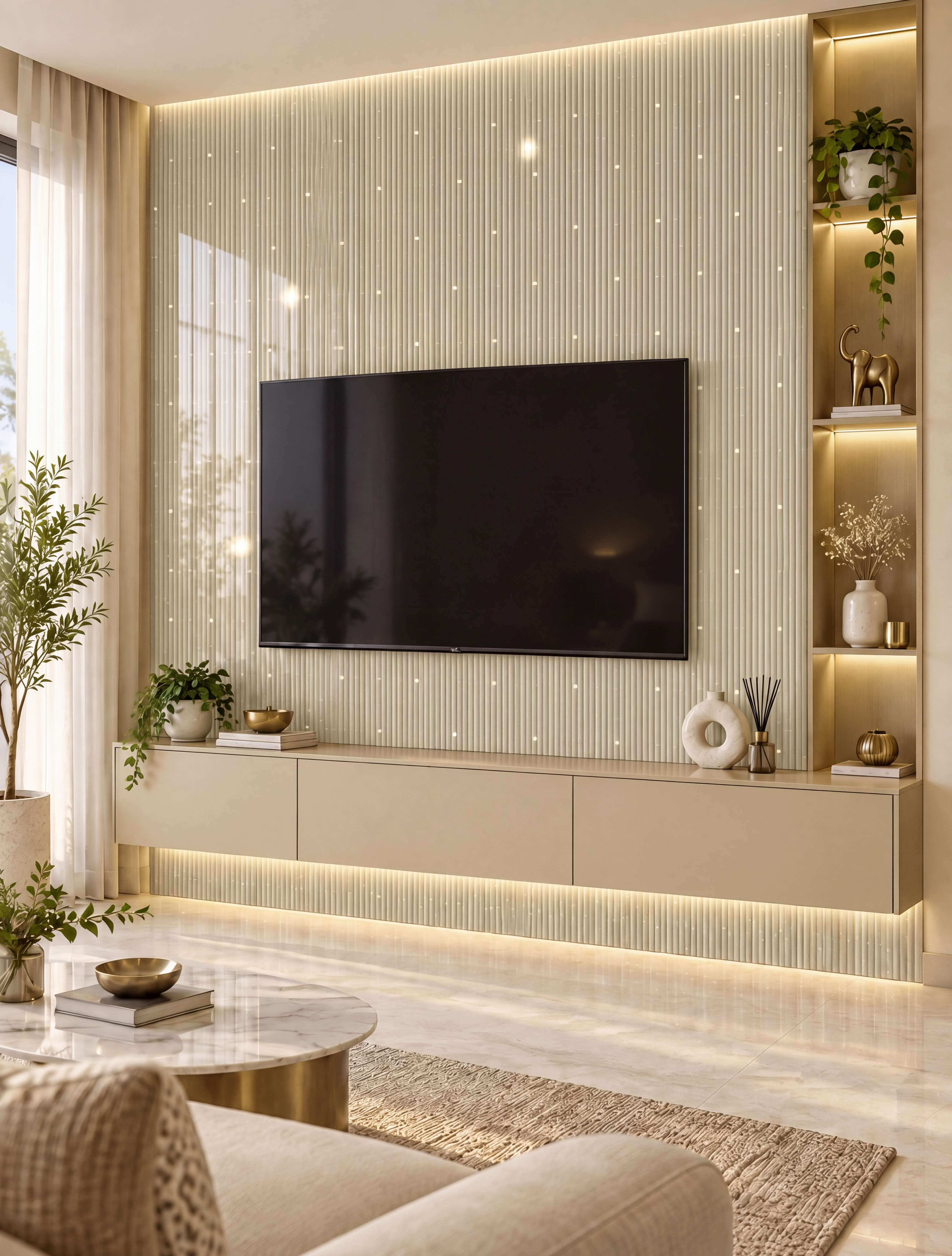 Bedroom Wardrobe with Pearl Fluted High-Gloss Laminate and Dresser Mirror