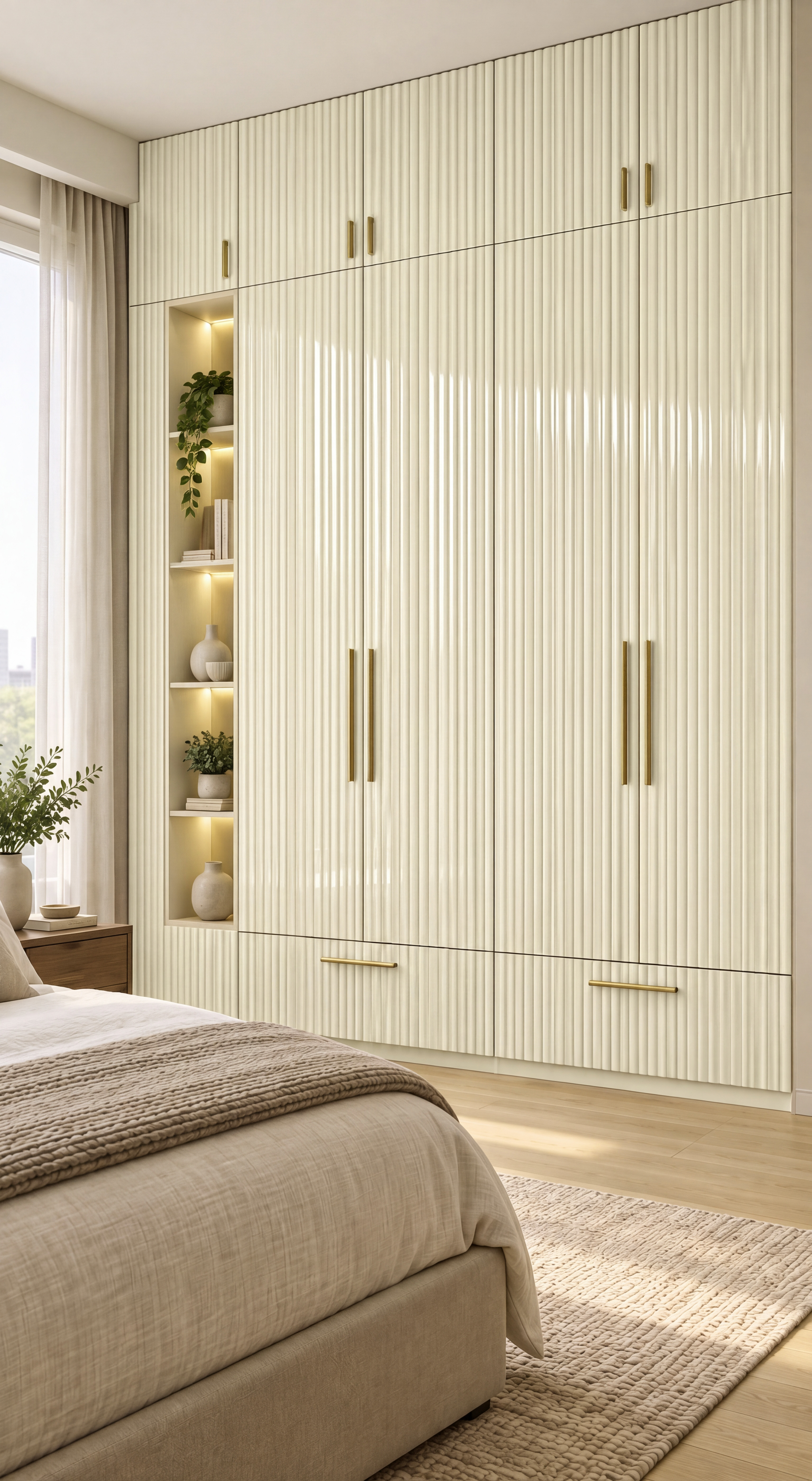 Bedroom Wardrobe with Pearl Ivory Fluted High-Gloss Laminate