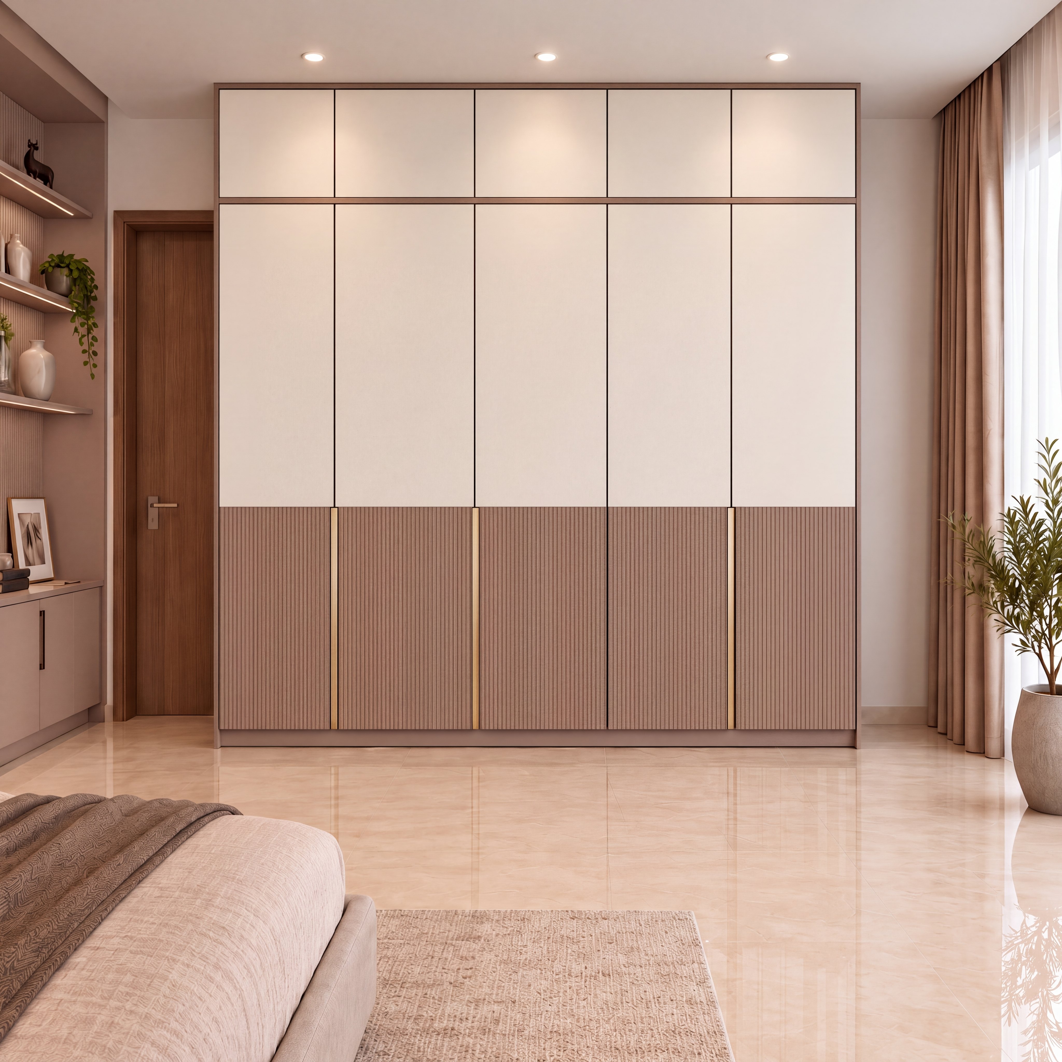 Bedroom Wardrobe with Pure White Suede and Terracotta Taupe Micro-Fluted Laminate