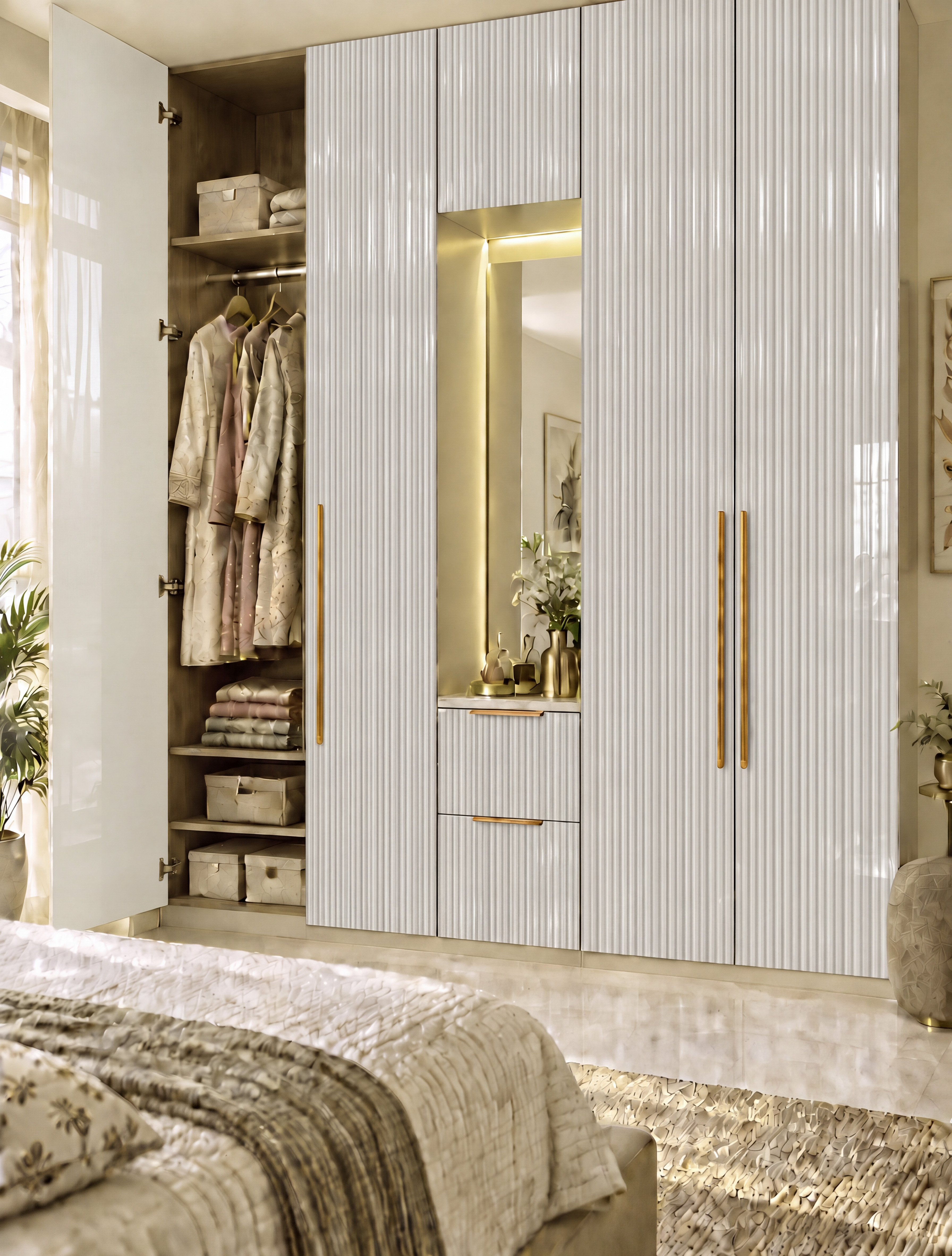 Bedroom Wardrobe with Quicksand Cream Fluted High-Gloss Laminate