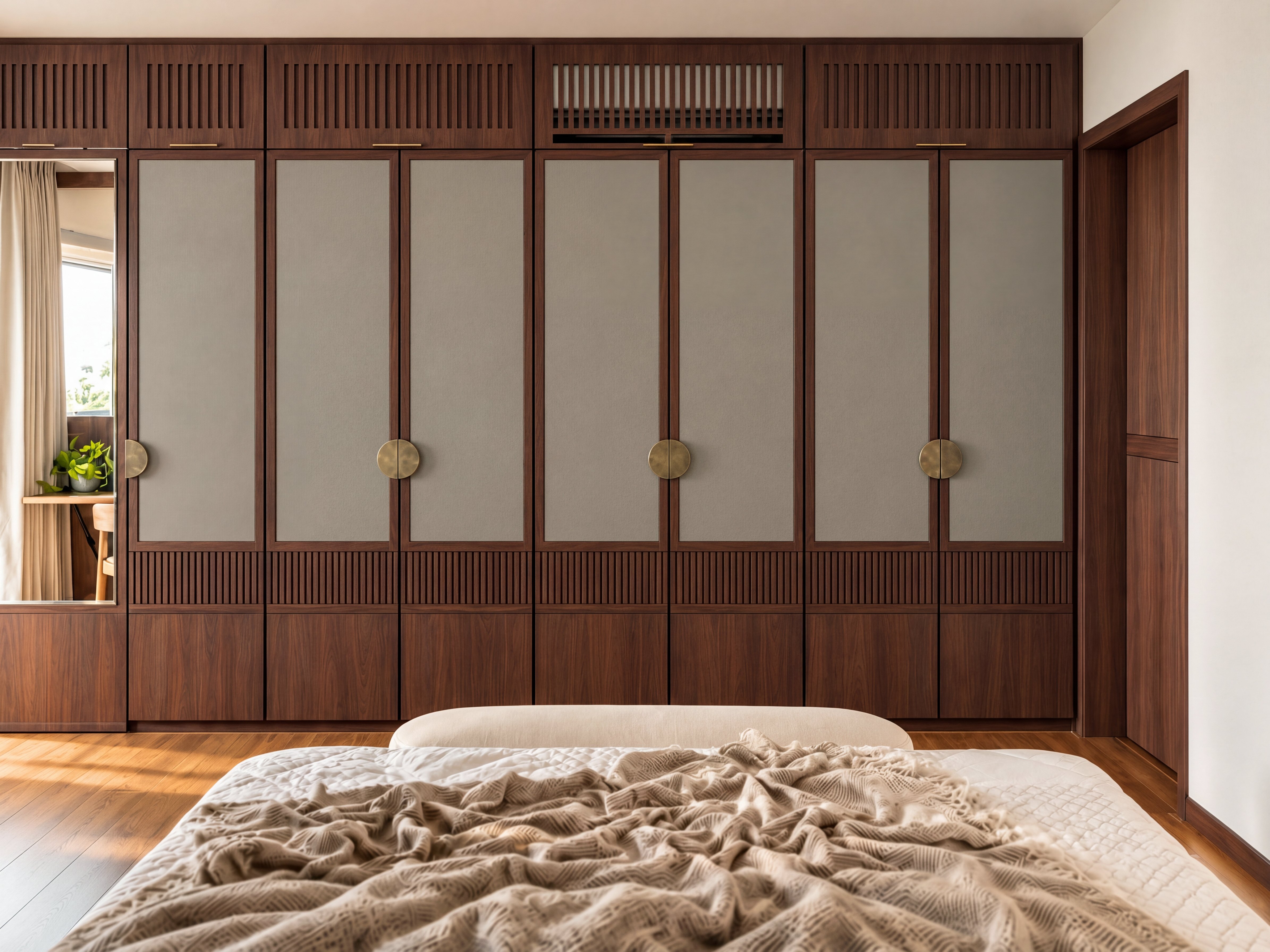 Bedroom Wardrobe with Sage Khaki Suede Laminate Panels and Walnut Frames