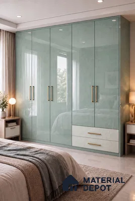 Bedroom Wardrobe with Sage Metallic and Sparkling Silver High-Gloss Laminate