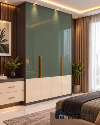 Bedroom Wardrobe with Sheen Green and Irish Creme High-Gloss Laminate