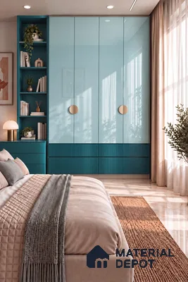 Bedroom Wardrobe with Sky Blue and Teal High-Gloss Fluted Laminate