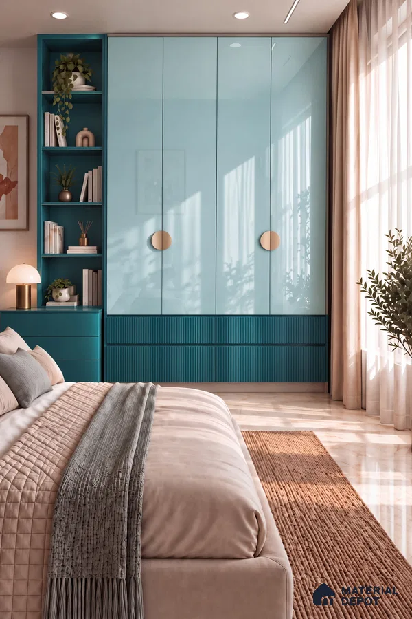 Bedroom Wardrobe with Sky Blue and Teal High-Gloss Fluted Laminate