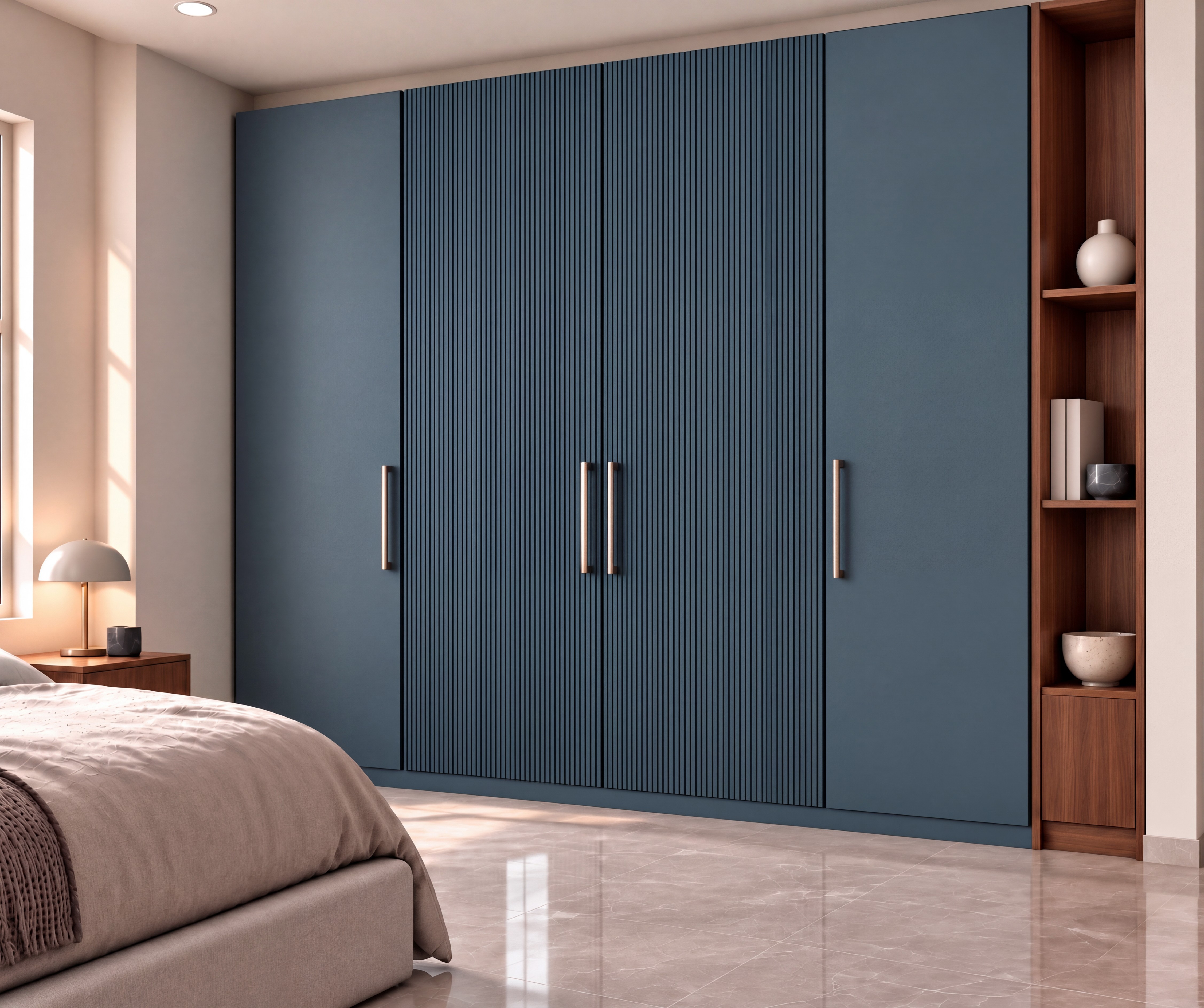 Bedroom Wardrobe with Slate Blue Fluted Texture Laminate