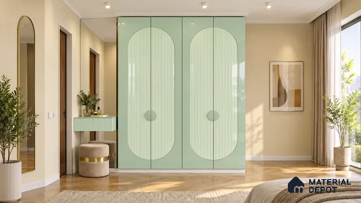 Bedroom Wardrobe with Spring Rain and Seafoam Green Fluted High-Gloss Laminate