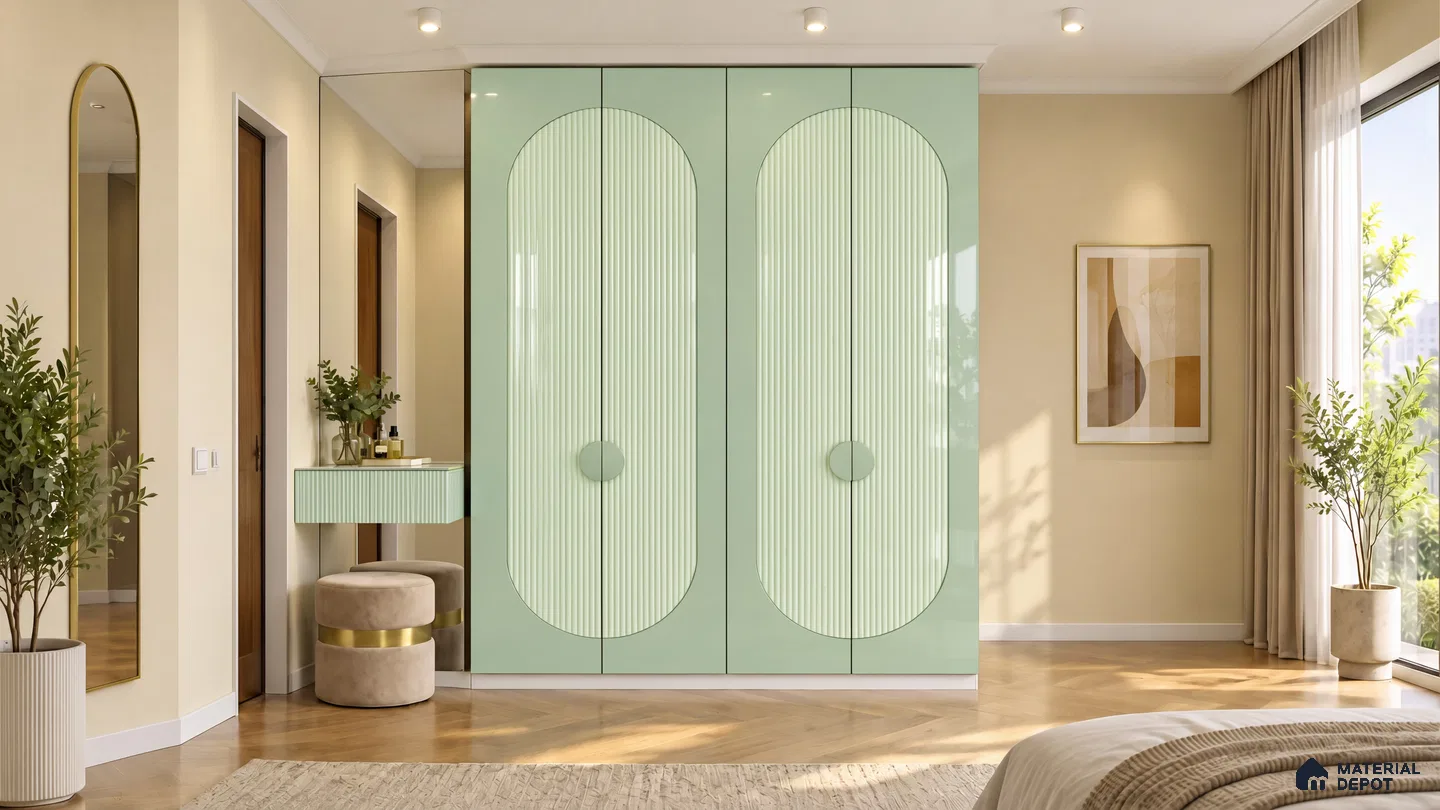 Bedroom Wardrobe with Spring Rain and Seafoam Green Fluted High-Gloss Laminate