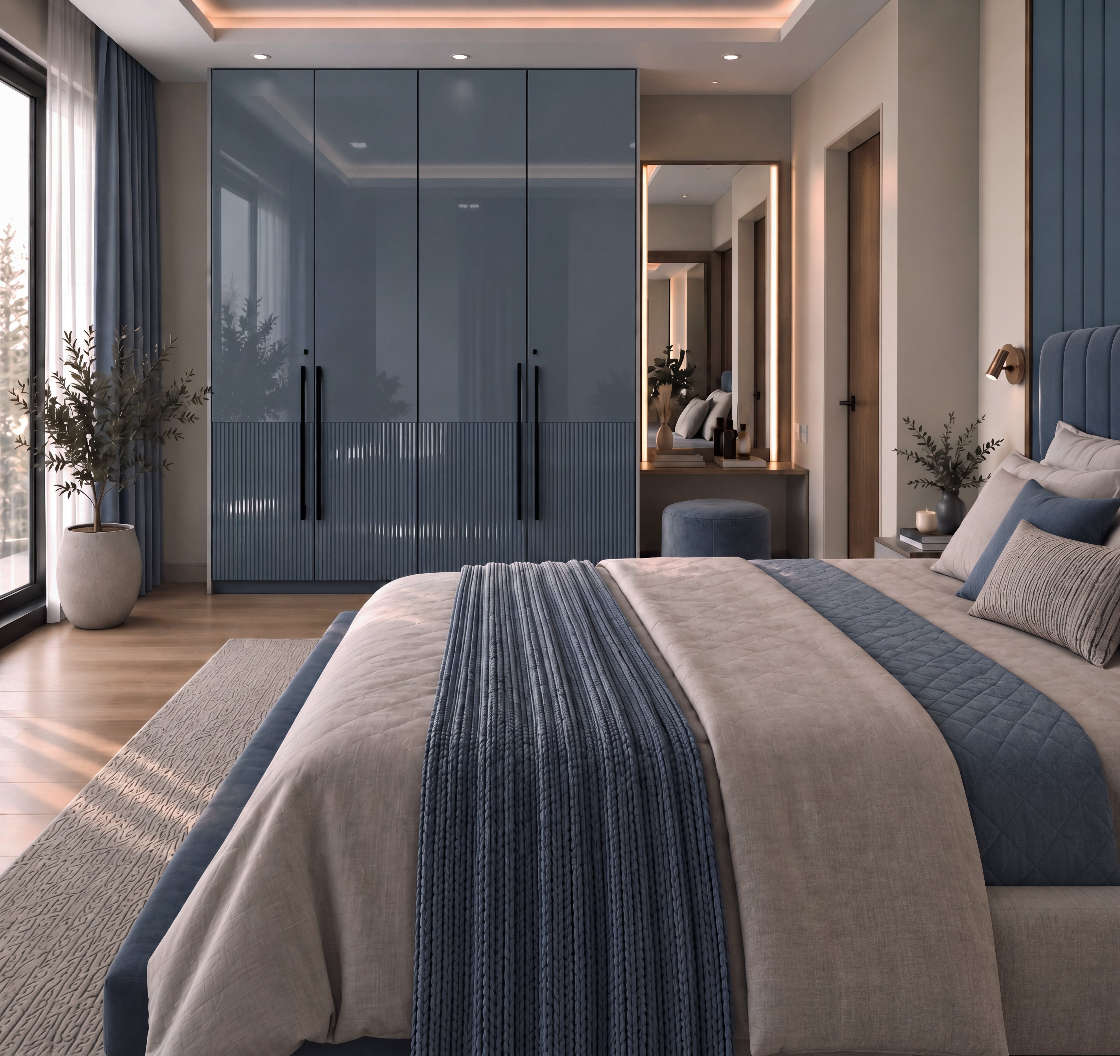 Bedroom Wardrobe with Storm Grey Glossy Fluted and Stone Grey High-Gloss Laminate