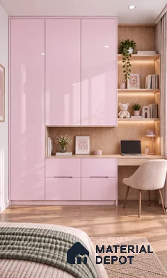 Bedroom Wardrobe with Sweet Pink High-Gloss Laminate and Wood Floor