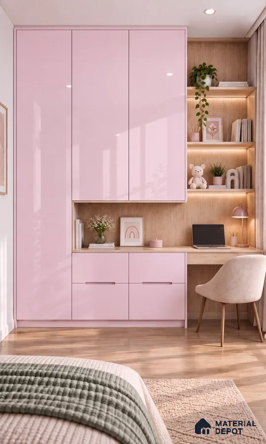 Bedroom Wardrobe with Sweet Pink High-Gloss Laminate and Wood Floor