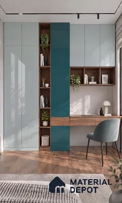 Bedroom Wardrobe with Teal and Aqua High-Gloss Laminate and Study