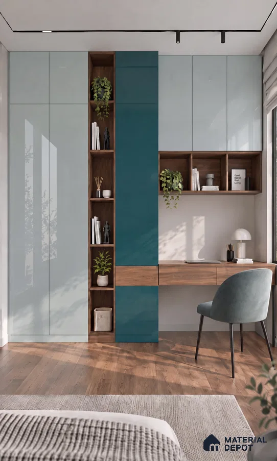 Bedroom Wardrobe with Teal and Aqua High-Gloss Laminate and Study