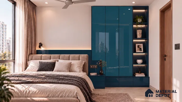 Bedroom Wardrobe with Teal and Midnight Blue High-Gloss Laminate