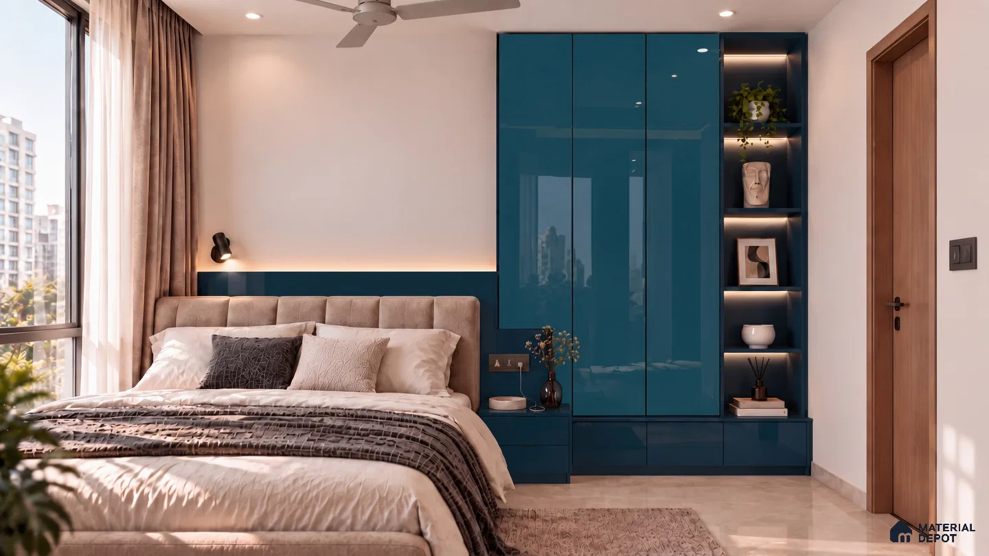 Bedroom Wardrobe with Teal and Midnight Blue High-Gloss Laminate