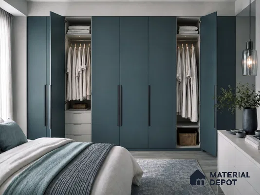 Bedroom Wardrobe with Teal Matte Laminate and Grey Wood-Look Floor Tile