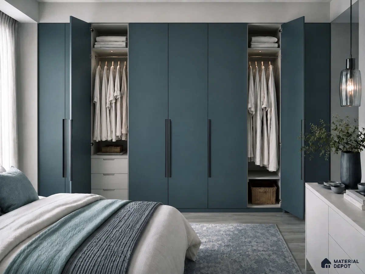 Bedroom Wardrobe with Teal Matte Laminate and Grey Wood-Look Floor Tile