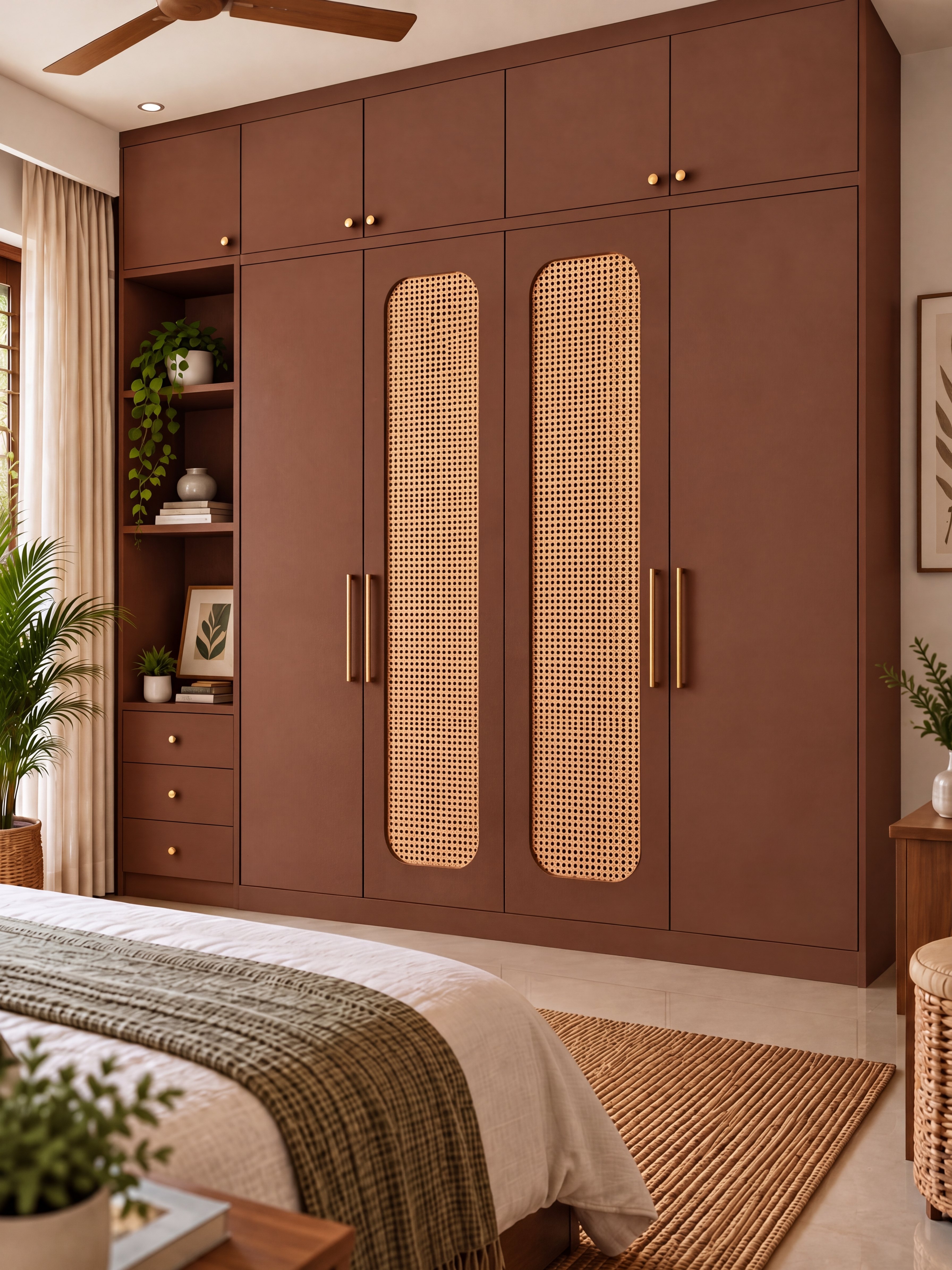 Bedroom Wardrobe with Terracotta Brown Suede Laminate and Cane Panels