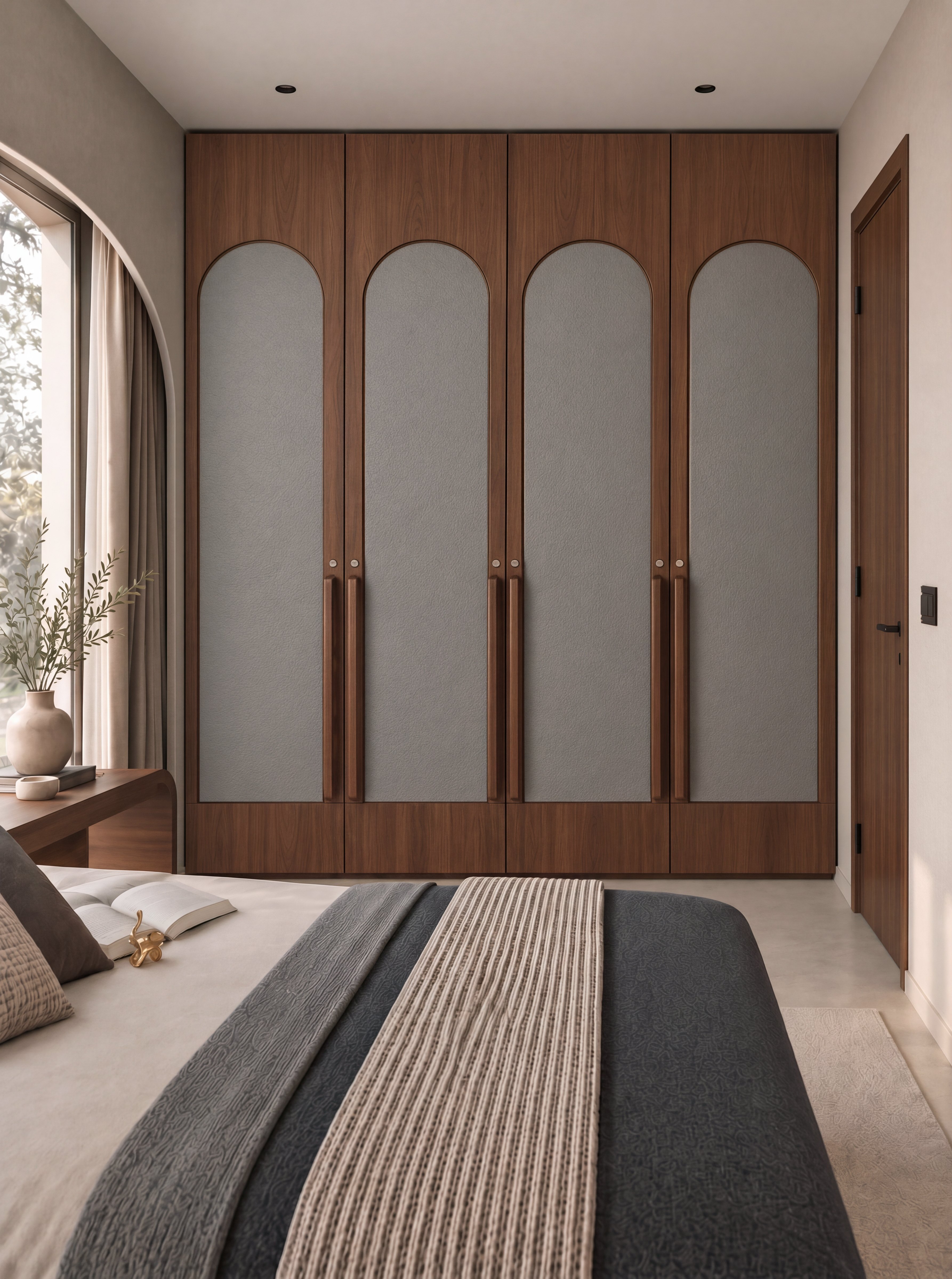 Bedroom Wardrobe with Titanium Grey Leather Texture Laminate Arched Panels and Walnut Frames