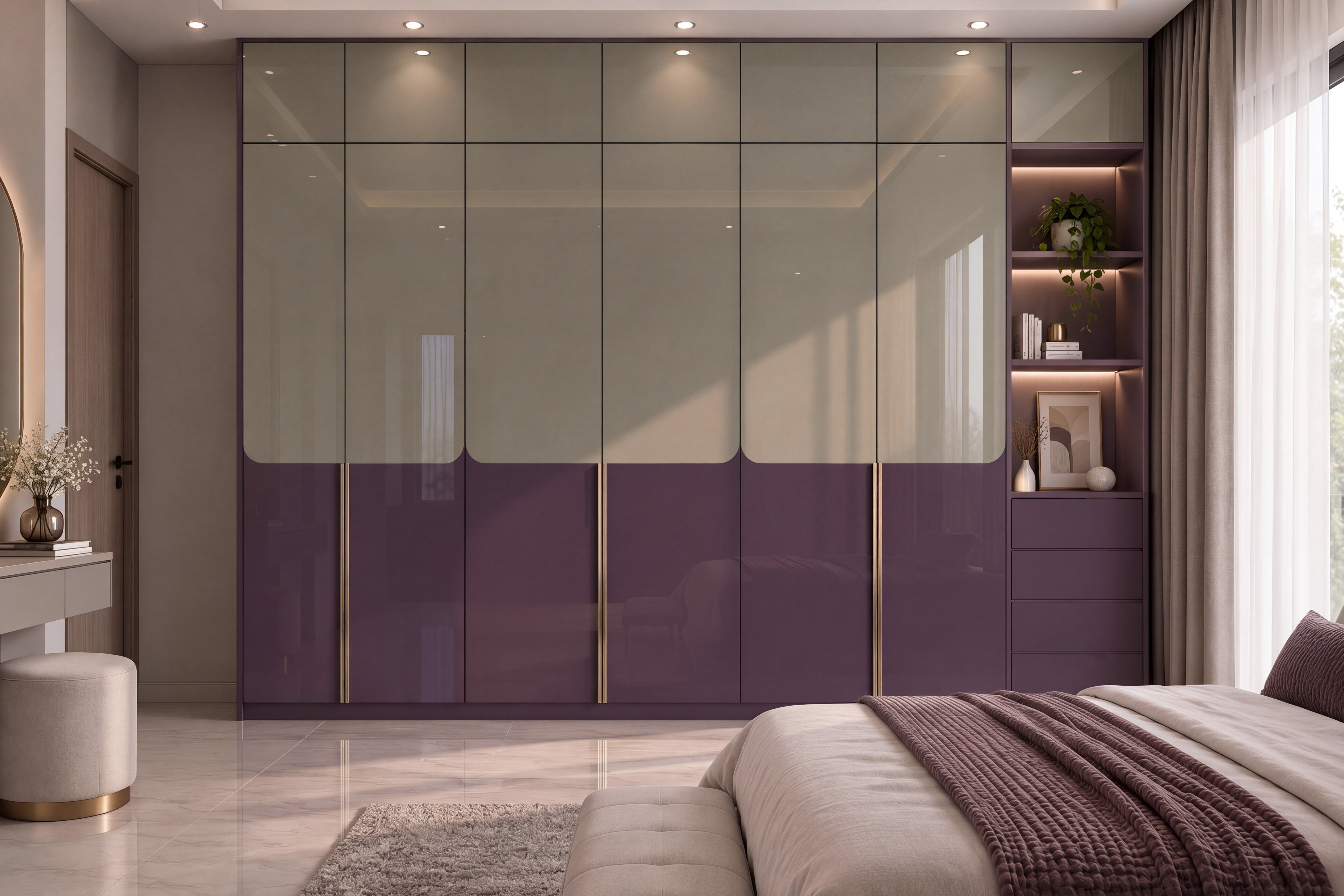 Bedroom Wardrobe with Velvet Grape and Sage Khaki High-Gloss Laminate