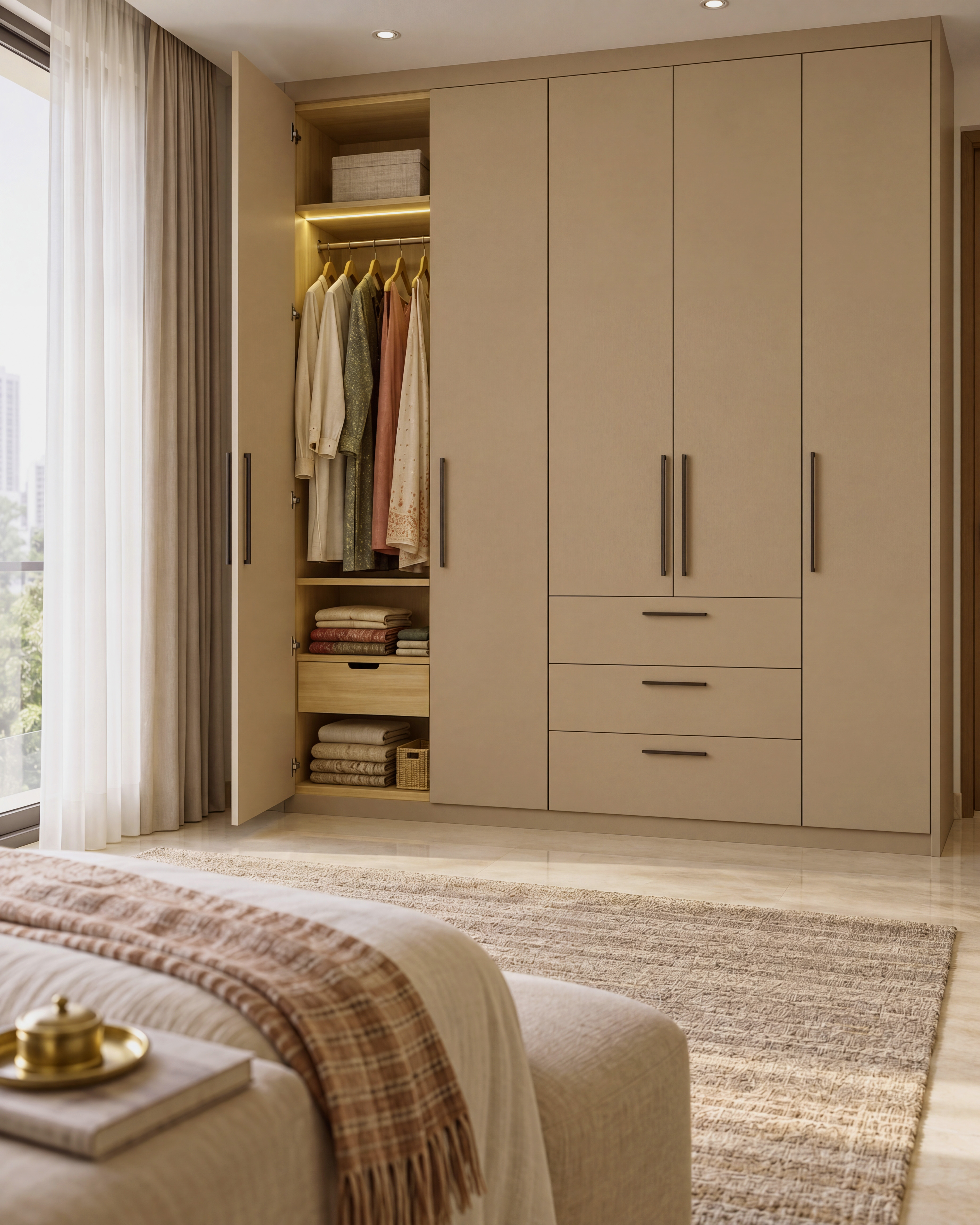 Bedroom Wardrobe with Warm Beige Matte Laminate Shutters