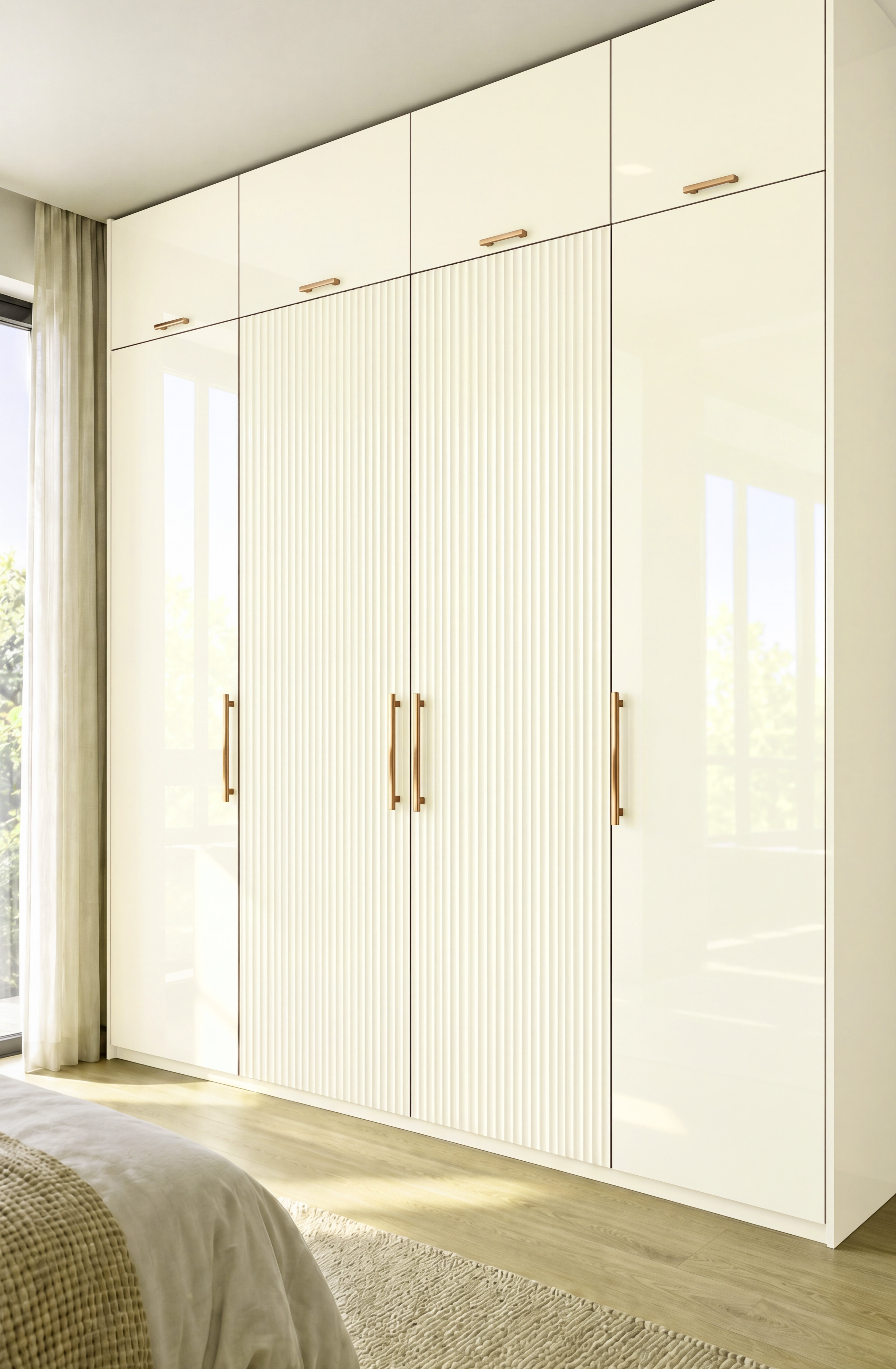 Bedroom Wardrobe with White High-Gloss and White Fluted Laminate Shutters