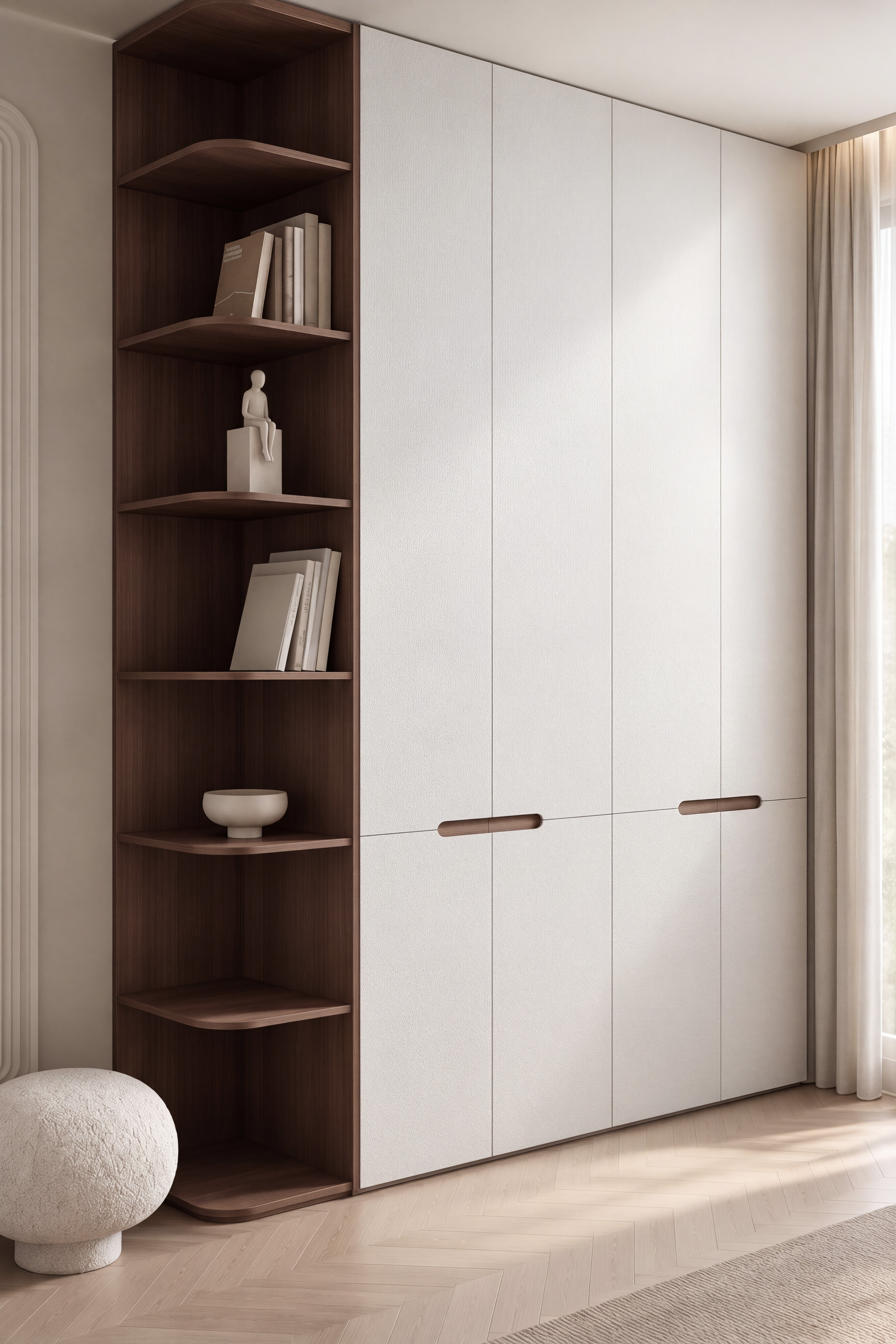 Bedroom Wardrobe with White Suede Laminate and Walnut Open Corner Shelf