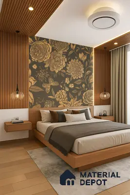 Bedroom with Backlit Decorative Tile Feature Wall, Fluted Wood Cladding, Floating Bedside Units & Warm Wooden Flooring in Prestige Royal Garden Doddaballapur | Material Depot