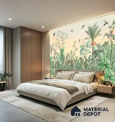 Bedroom with Backlit Tropical Jungle Mural Feature Wall, Fluted Wood Paneling, Floating Bedside Unit & Soft Neutral Bedding in Prestige Royal Garden Doddaballapur | Material Depot