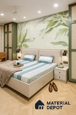 Bedroom with Botanical Mural Accent Wall, Upholstered Bed, Cane-Finish Wardrobes & Warm Chevron Wooden Flooring in Prestige Royal Garden Doddaballapur | Material Depot