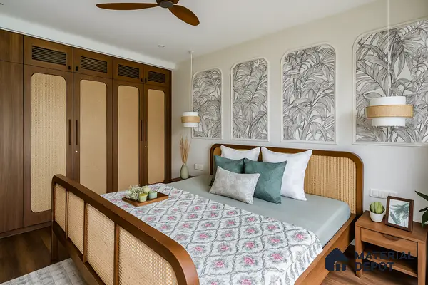Bedroom with Cane-Finish Wardrobes, Arched Botanical Wall Panels, Rattan Bed Frame & Warm Wooden Flooring in Prestige Royal Garden Doddaballapur | Material Depot
