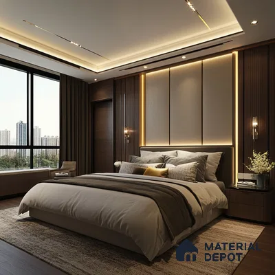 Bedroom Design with City View and Custom wooden Paneling Adarsh Palm Acres Hoskote | Material Depot