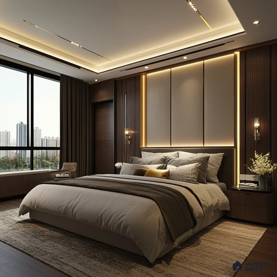 Bedroom Design with City View and Custom wooden Paneling Adarsh Palm Acres Hoskote | Material Depot