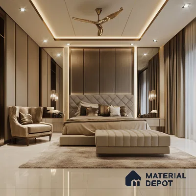 Bedroom Design with Fluted laminate and onyx floor tiles Prestige Elm Park Whitefield | Material Depot