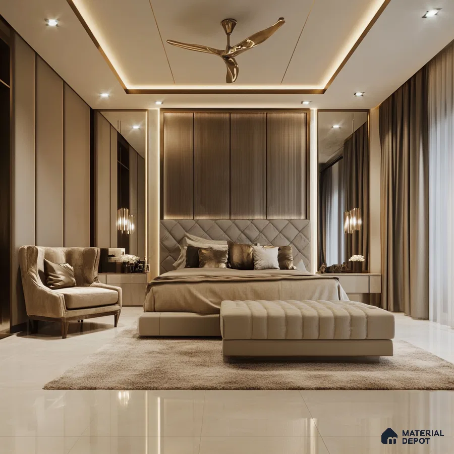 Bedroom Design with Fluted laminate and onyx floor tiles Prestige Elm Park Whitefield | Material Depot