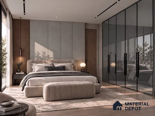 Bedroom with Graphite Mirror High-Gloss Wardrobe and Caramel Wood Laminate Floor