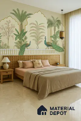 Bedroom with Peacock Wallpaper Feature Wall, Woven Headboard Paneling & Beige Gloss Floor Tiles at Prestige Misty Waters Hebbal | Material Depot