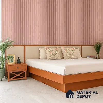 Bedroom with Pink Fluted Panel Accent Wall, Upholstered Headboard Band, Solid Wood Bed Frame & Glossy Marble Floor at Prestige Misty Waters Hebbal | Material Depot