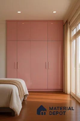Modern Bedroom with Matte Grey Laminate Wardrobe and Cozy Window Seat | Material Depot