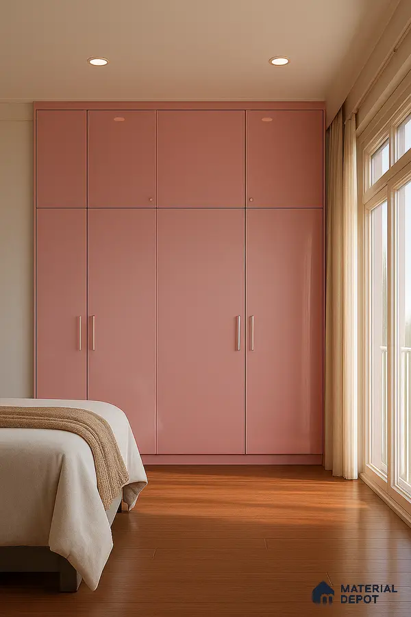Modern Bedroom with Matte Grey Laminate Wardrobe and Cozy Window Seat | Material Depot