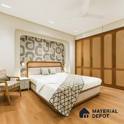 Bedroom with Retro Geometric Accent Wall Niche, Cane-Finish Wardrobes, Upholstered Bed & Warm Wooden Flooring in Prestige Royal Garden Doddaballapur | Material Depot