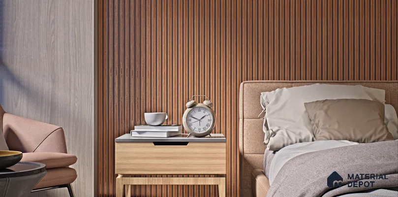 Bedroom with Wood-Paneled Wall and Accent Chair | Material Depot
